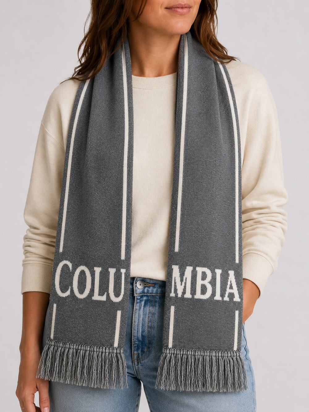 Columbia Gray White Logo Knit Scarf Unisex Winter Outdoor Fringe One Size 8x56